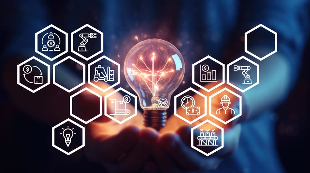 Ilustração tecnológica com ícones industriais e lâmpada digital simbolizando ferramentas lean, melhoria contínua, automação de processos e aumento da produtividade na indústria.