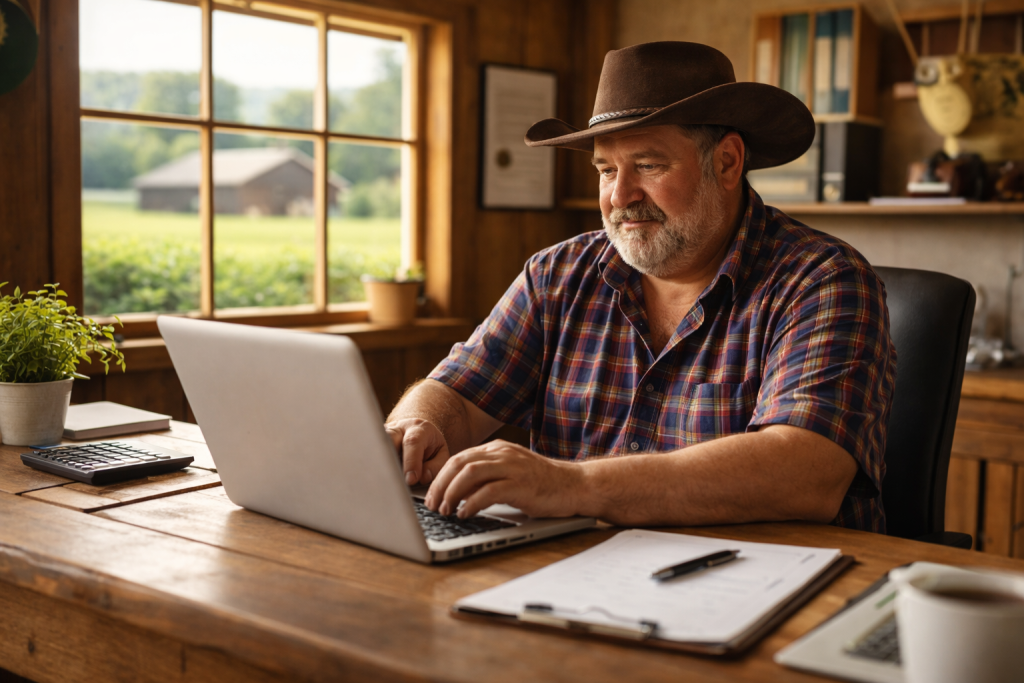 Fazendeiro utilizando notebook em escritório rural para controlar dados da produção agrícola