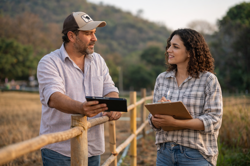 Gestores agrícolas conversando no campo enquanto analisam informações da produção em dispositivo digital