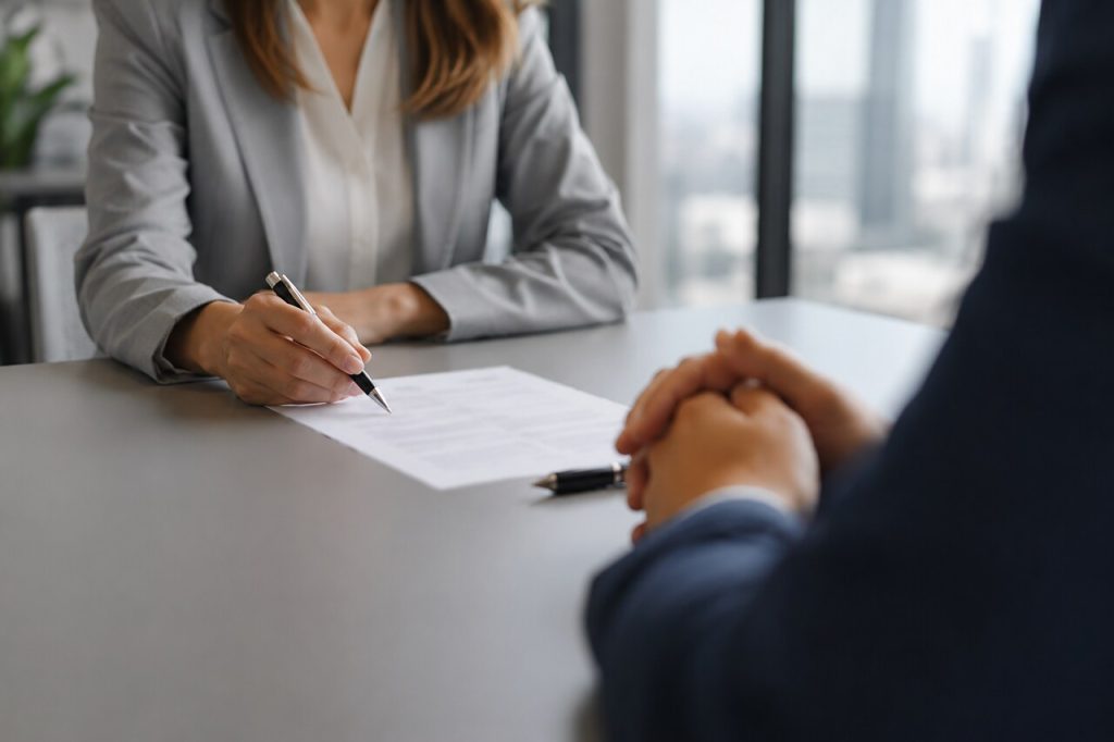 Profissional de RH conduzindo reunião de desligamento durante processo de offboarding em escritório corporativo moderno
