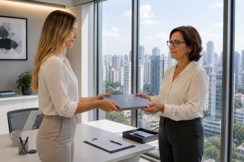 Colaboradora devolvendo notebook corporativo durante processo de desligamento em escritório empresarial moderno