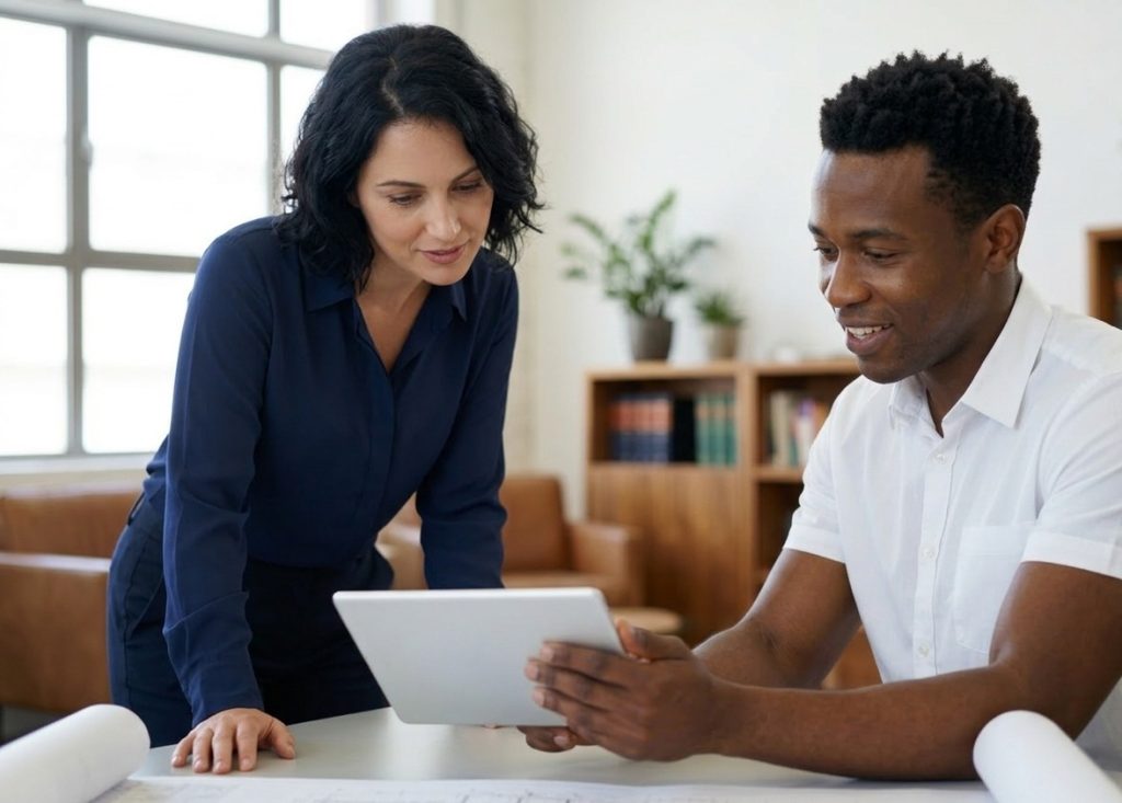 Profissionais analisando dados em tablet no escritório, representando o uso de CRM jurídico para gestão de clientes e acompanhamento de processos.