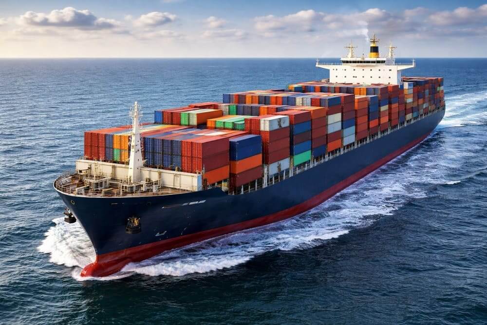 Navio cargueiro transportando contêineres em alto-mar, representando um dos principais modais de transporte utilizados para movimentação de grandes volumes de carga em longas distâncias.
