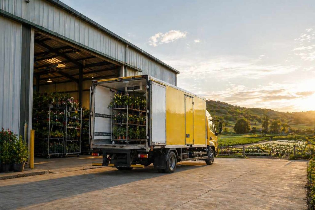 Caminhão refrigerado amarelo transportando plantas em operação de logística de perecíveis próximo a galpão e área rural
