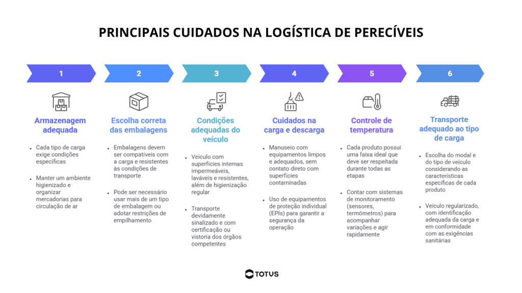 Infográfico com principais cuidados na logística de perecíveis incluindo armazenagem, embalagens, transporte, temperatura e carga e descarga
