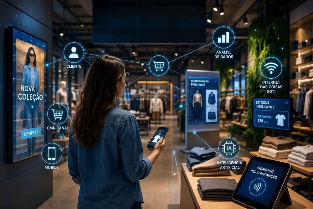 Ambiente de loja moderna ilustrando o conceito de varejo 4.0, com integração entre inteligência artificial, internet das coisas, análise de dados, estoque inteligente e pagamento por aproximação para otimizar a experiência do cliente.