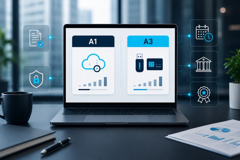 Dashboard comparando certificado digital A1 e A3 com ícones de validade, empresa emissora, nuvem e token, fatores considerados para o custo de renovação de certificado digital.