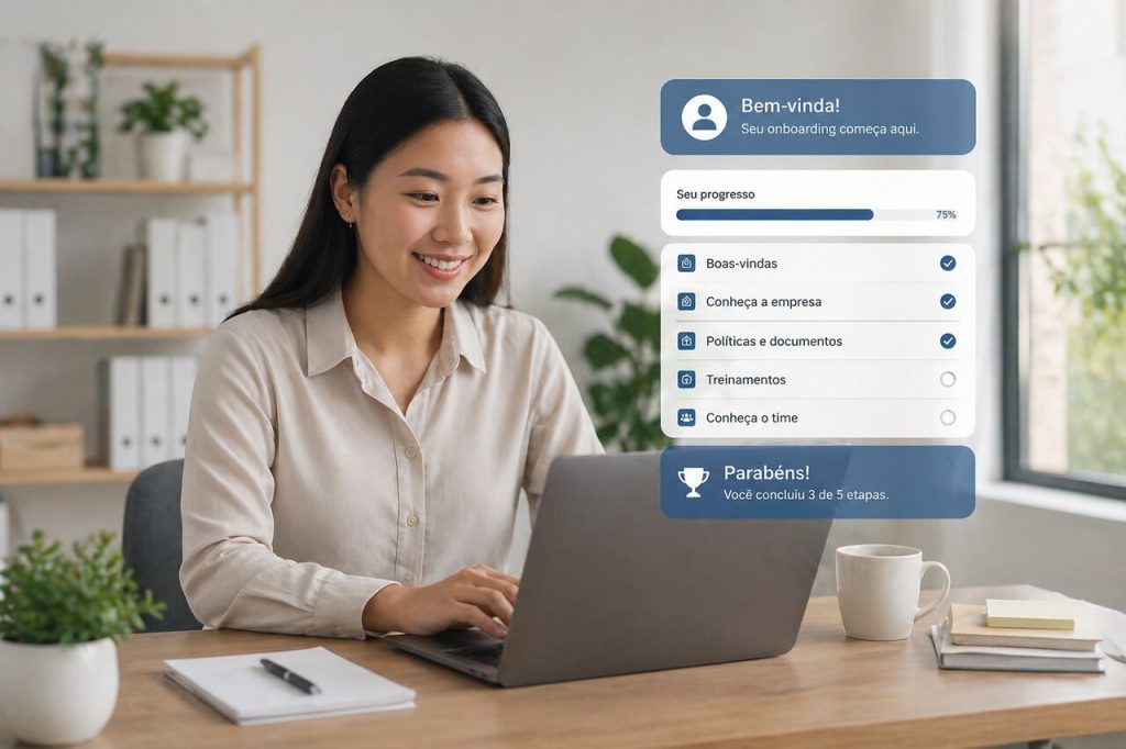 Mulher utilizando laptop com dashboard de onboarding digital, acompanhando etapas de integração e progresso na empresa.