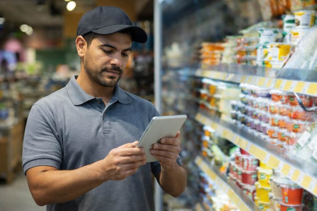 Cliente empurrando carrinho cheio em corredor de supermercado enquanto observa prateleiras, ilustrando comportamento de compra no marketing para supermercados