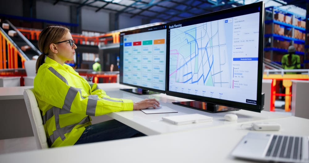 Mulher analisando mapas e dados logísticos em monitores dentro de centro de distribuição, ilustrando o uso da roteirização para otimizar rotas e operações de entrega.