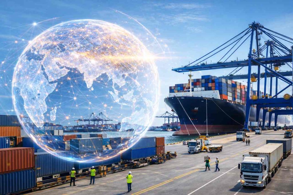 Operação de supply chain internacional em porto com navio de contêineres e visualização digital do fluxo global de mercadorias