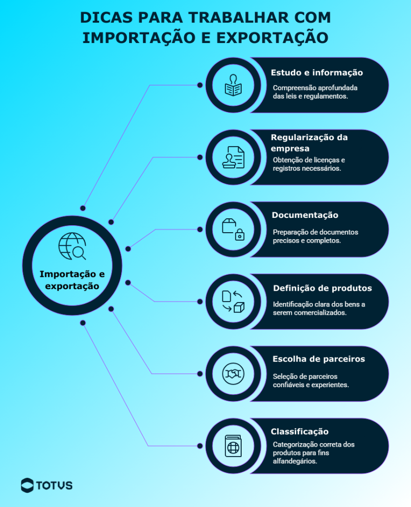 Infográfico com dicas para trabalhar com importação e exportação, incluindo estudo e informação, regularização da empresa, documentação, definição de produtos, escolha de parceiros e classificação de produtos.