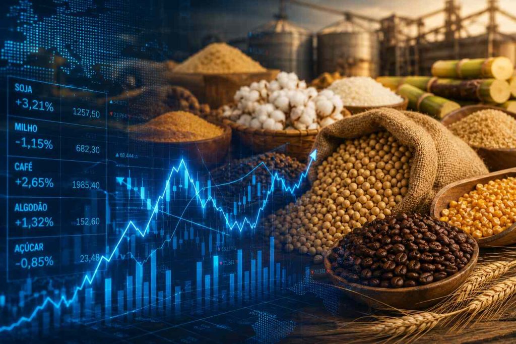 Gráfico digital de variação de preços sobre commodities agrícolas como soja, milho, café e algodão no mercado global