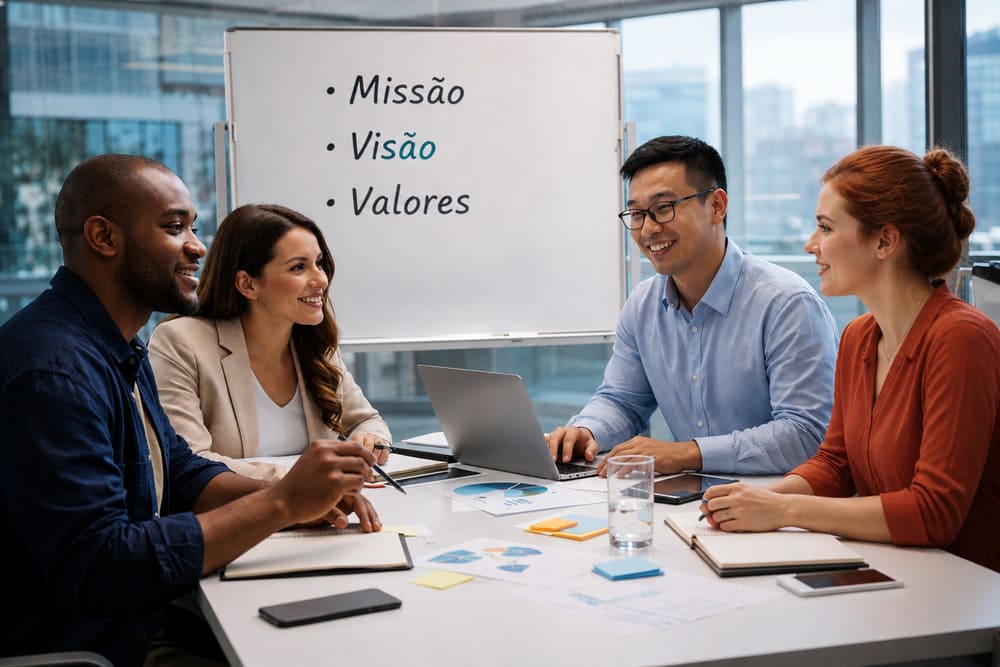 Equipe diversa reunida em escritório discutindo missão, visão e valores da empresa, com quadro ao fundo destacando os conceitos estratégicos