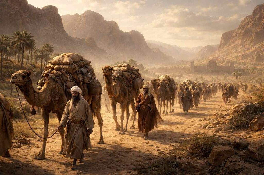 Caravana de camelos transportando mercadorias em rota comercial no deserto representando a logística na antiguidade