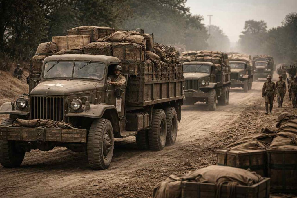 Caminhões militares transportando suprimentos durante guerra representando a evolução da logística no século XX
