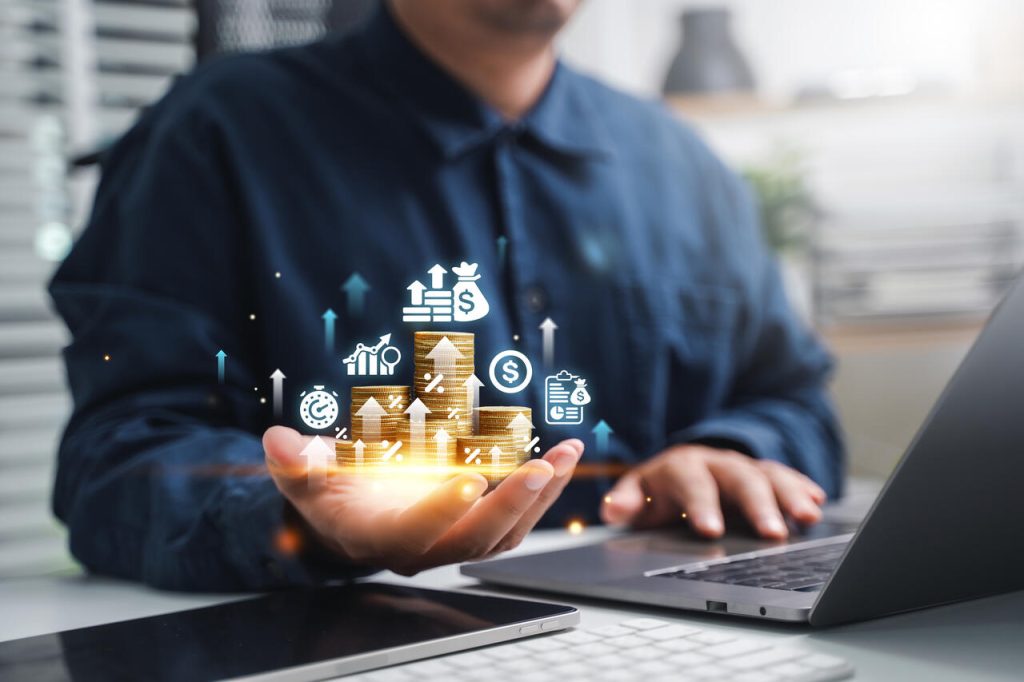 Conceito de serviços financeiros integrados ao ERP com elementos visuais de crédito, pagamentos digitais e gestão financeira corporativa.