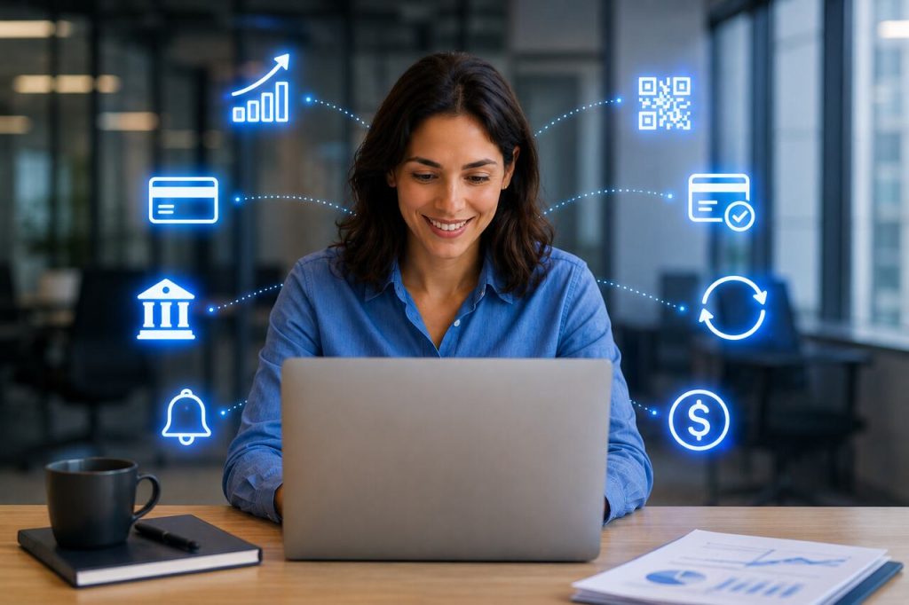 Profissional utilizando sistema de ERP Banking em notebook com ícones financeiros representando Pix, crédito, integração bancária e fluxo de caixa em escritório corporativo moderno