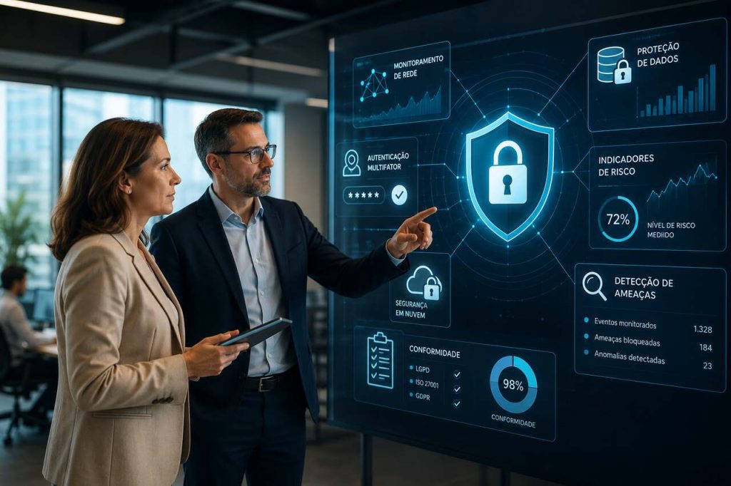 Executivos analisando indicadores de cibersegurança em dashboard corporativo com monitoramento de rede, proteção de dados, conformidade e gestão de riscos digitais.