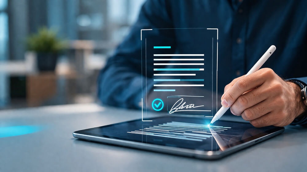 Homem em ambiente corporativo assinando documento em tablet com caneta digital, enquanto ícone digital aparece sobre a tela ilustrando a formalização de um modelo de termo de acordo por meio de assinatura eletrônica.