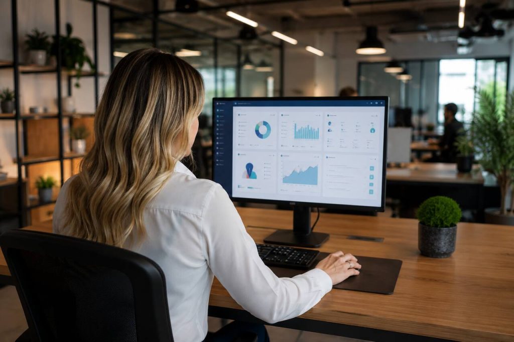 Profissional utilizando sistema CRM para acompanhamento de vendas e clientes