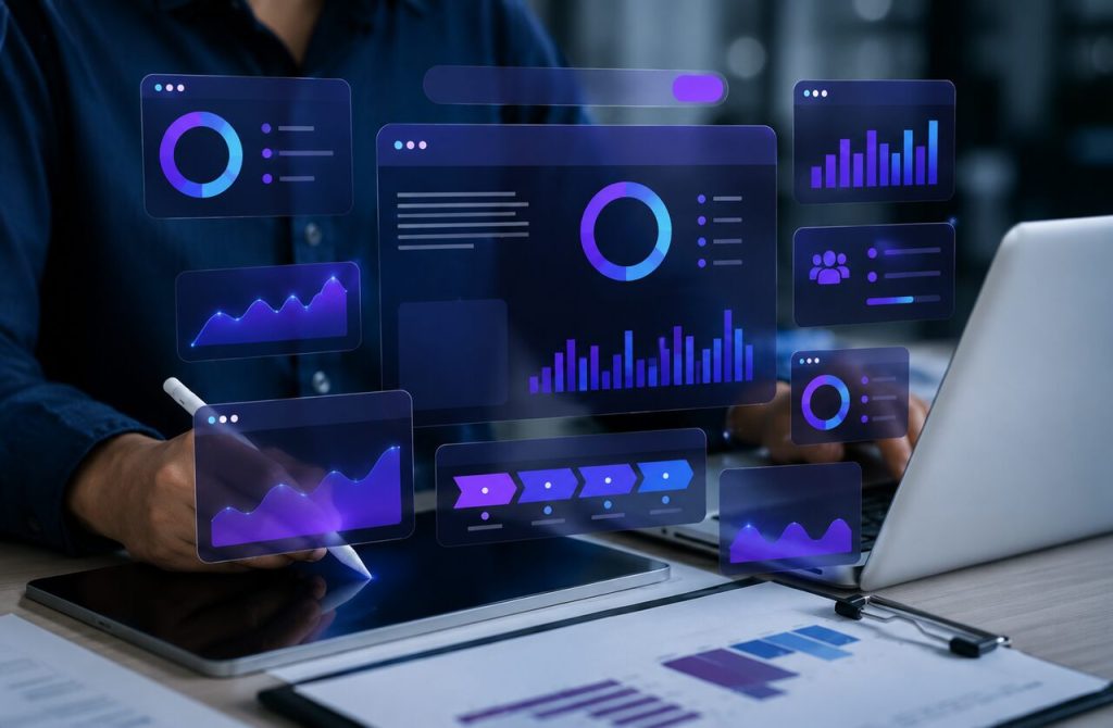 Painel digital de CRM com gráficos e indicadores comerciais para gestão de clientes
