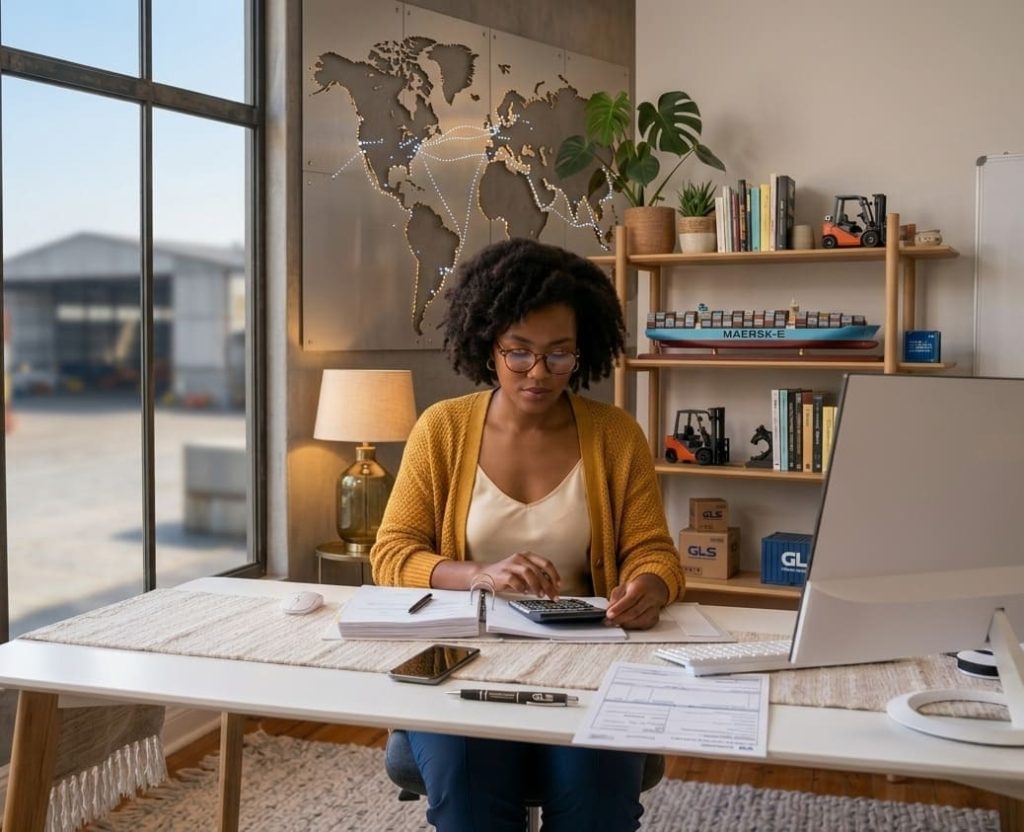 Mulher sentada à mesa, utilizando calculadora para definir precificação de transportes com base na tabela de frete da ANTT.