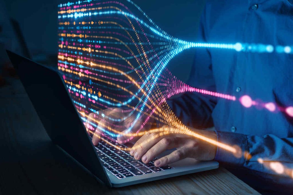 Visualização de fluxo de dados e informações digitais representando big data e análise avançada de dados