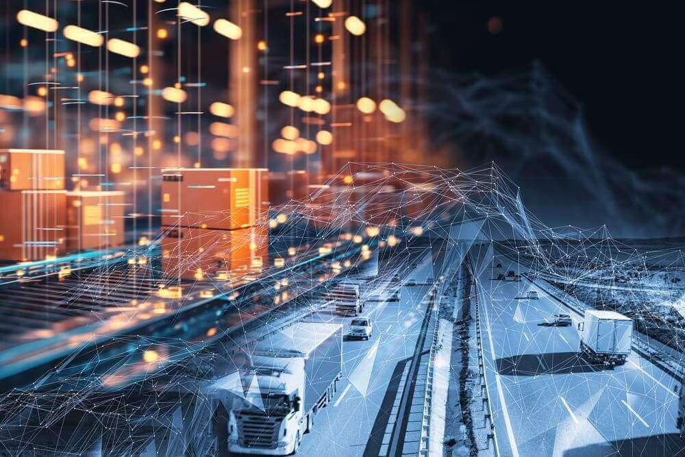 Ilustração de caminhões em rodovia com sobreposição de dados e conexões digitais, representando o uso de tecnologia na gestão e otimização do frete rodoviário.