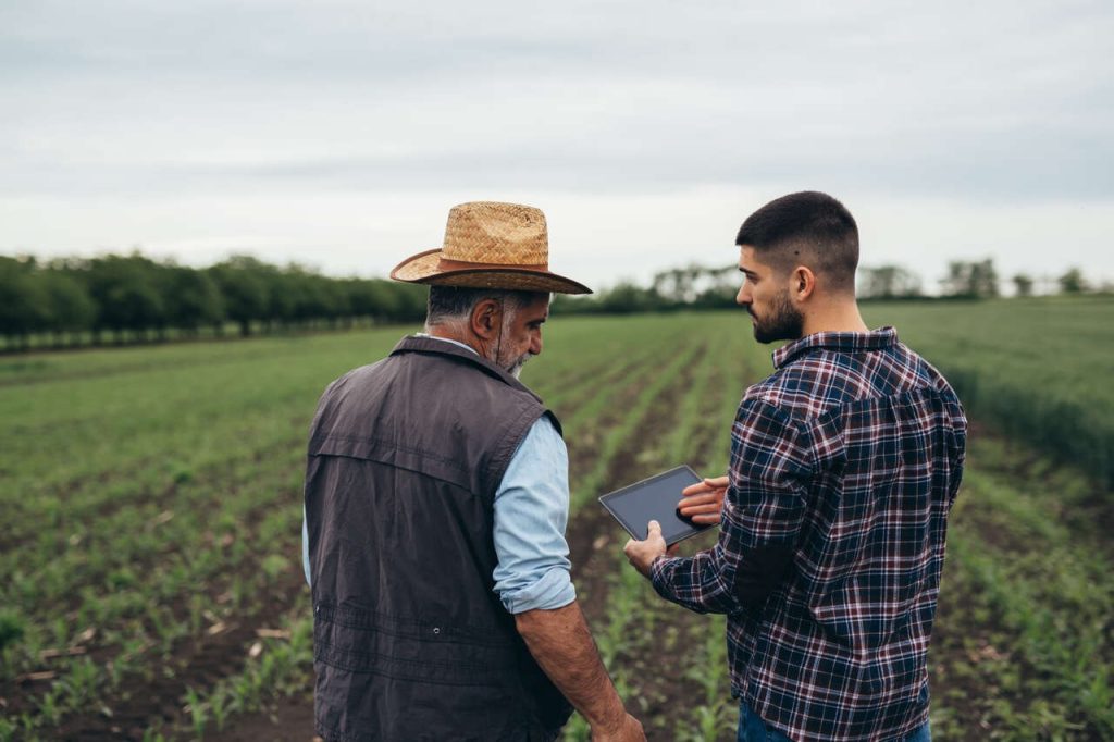 Consultoria agronômica no campo com produtor rural e técnico analisando dados em tablet em plantação agrícola