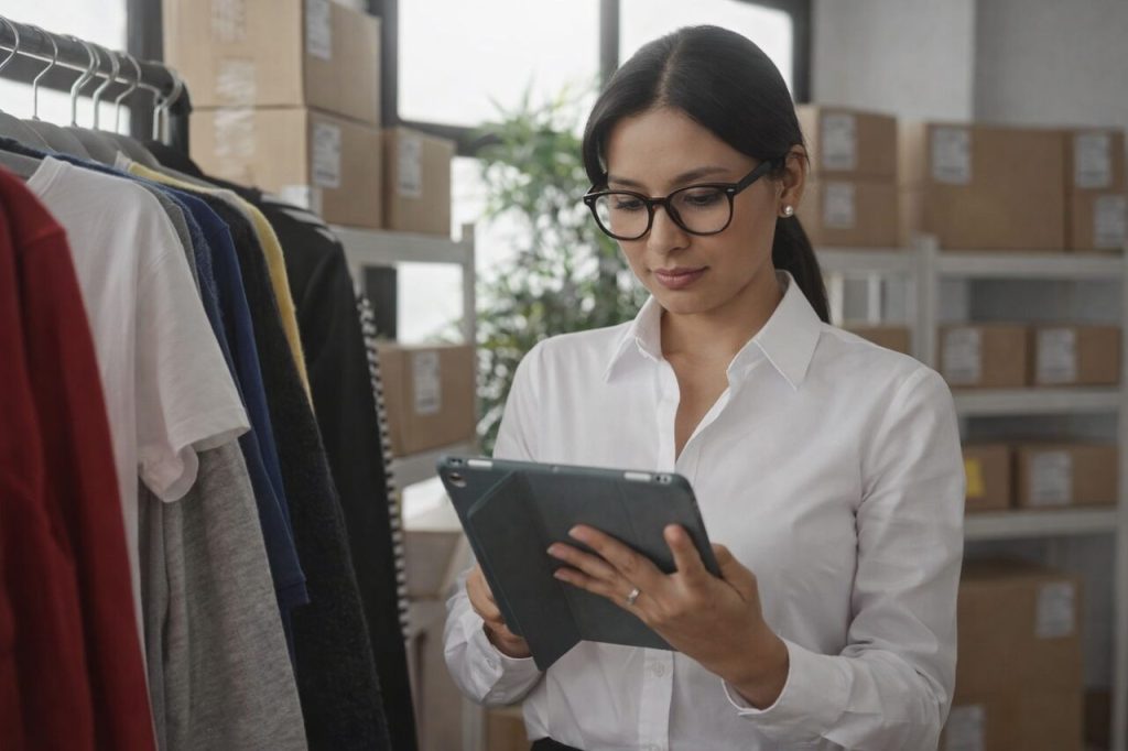 Profissional de varejo analisando dados de estoque sazonal em tablet em área de armazenamento com roupas e caixas