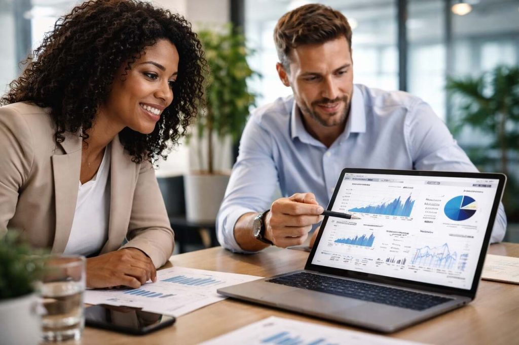 Profissionais analisando dados financeiros em notebook com dashboard de indicadores, ilustrando o uso de tecnologia no embedded finance.