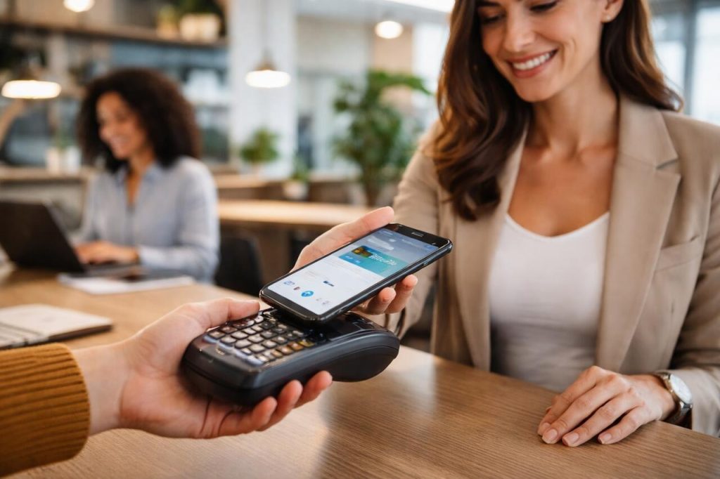 Mulher realizando pagamento digital por aproximação com smartphone em máquina de cartão, exemplo de serviço financeiro integrado ao embedded finance.