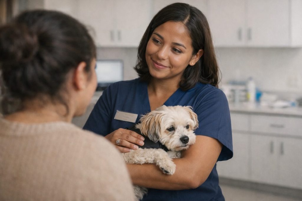 Profissional de atendimento pet conversando com tutora enquanto segura um cachorro pequeno em ambiente de clínica veterinária.