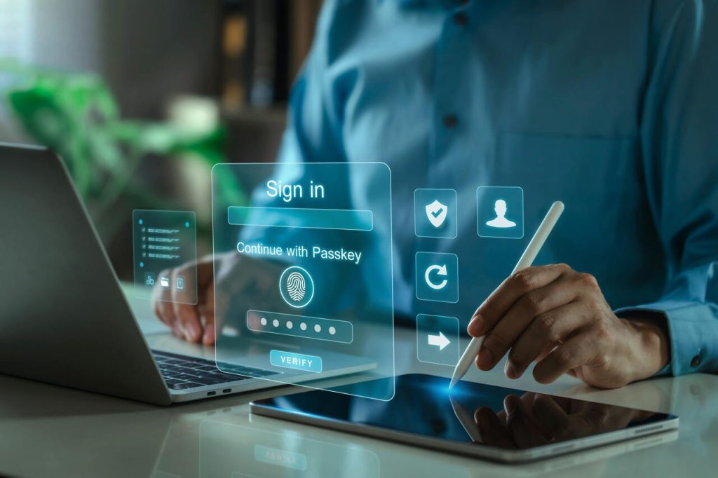Interface de login com autenticação digital em dispositivo móvel, ilustrando gestão de identidade e acesso em sistemas corporativos.