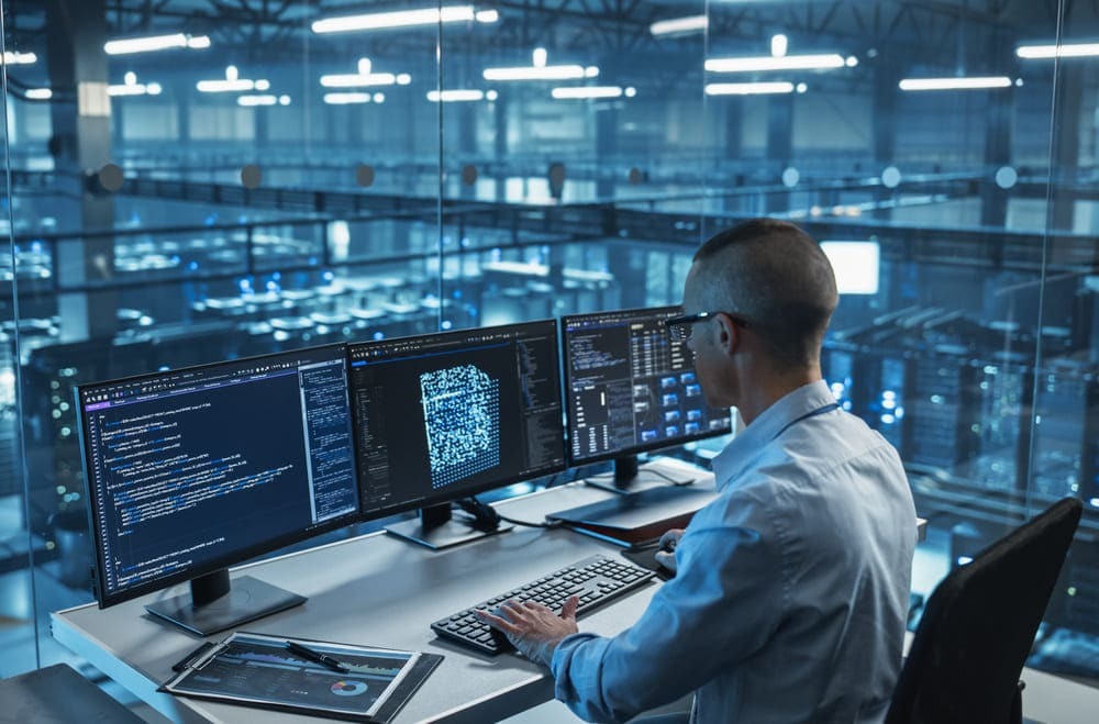 Profissional analisando dados em múltiplas telas em ambiente tecnológico, representando aplicações práticas de LLM para domínio específico