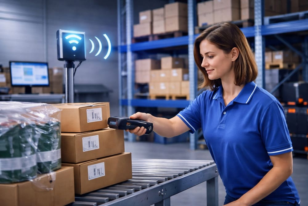 Mulher em centro de distribuição utilizando leitor RFID para escanear caixas em uma esteira.