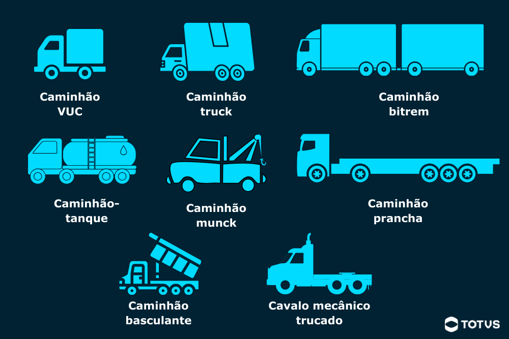 Infográfico com diferentes tipos de caminhões, incluindo VUC, truck, bitrem, caminhão-tanque, caminhão munck, caminhão prancha, caminhão basculante e cavalo mecânico trucado.