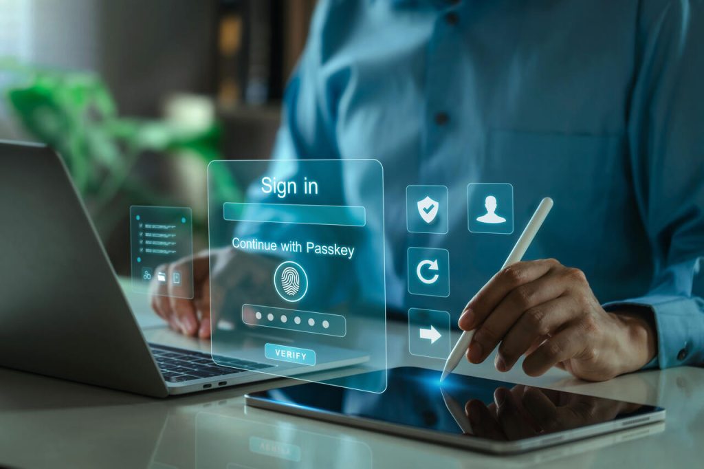 Interface de login com autenticação digital em dispositivo móvel, ilustrando gestão de identidade e acesso em sistemas corporativos.