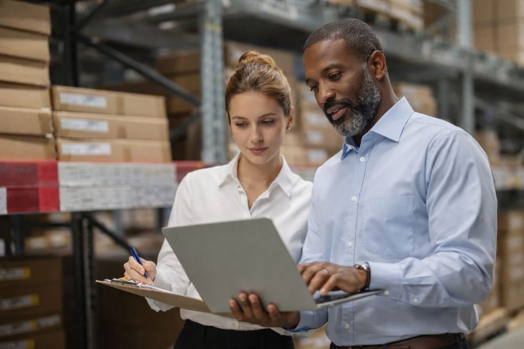 Equipe analisando dados de gestão de estoque sazonal em laptop dentro de armazém logístico