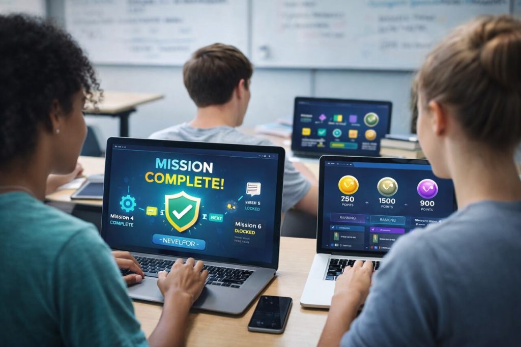 Estudantes utilizando plataforma de gamificação com pontuação e níveis em sala de aula, exemplo de atividades interativas na educação com uso de tecnologia