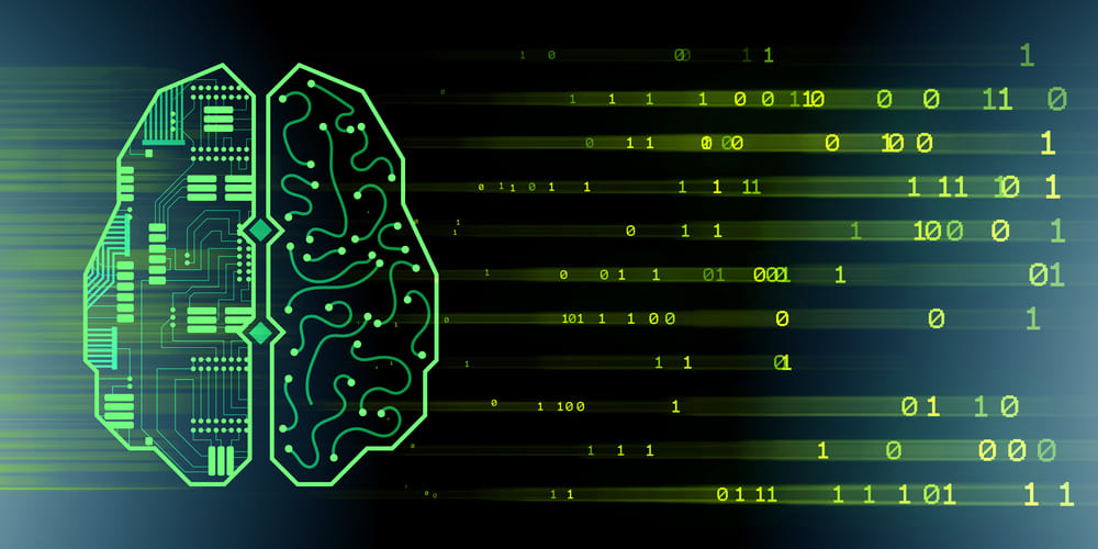 Ilustração de cérebro digital formado por circuitos e dados binários, simbolizando o machine learning, um dos principais tipos de inteligência artificial.