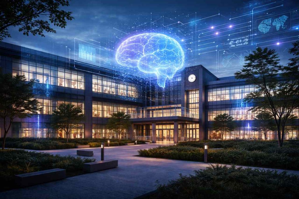 Prédio de instituição de ensino iluminado ao entardecer com projeção holográfica de cérebro digital representando a aplicação de inteligência artificial na educação e na gestão escolar.