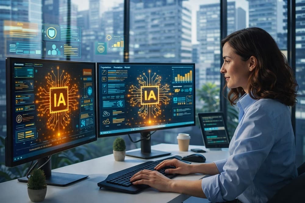 Mulher trabalhando em escritório moderno com dois monitores exibindo interfaces de IA, representando o uso de foundation models em ambientes corporativos para análise de dados e automação de processos.