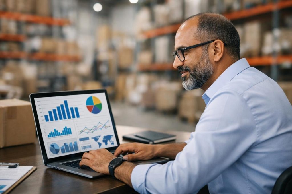Profissional analisando dados logísticos em notebook dentro de armazém, com gráficos de desempenho na tela