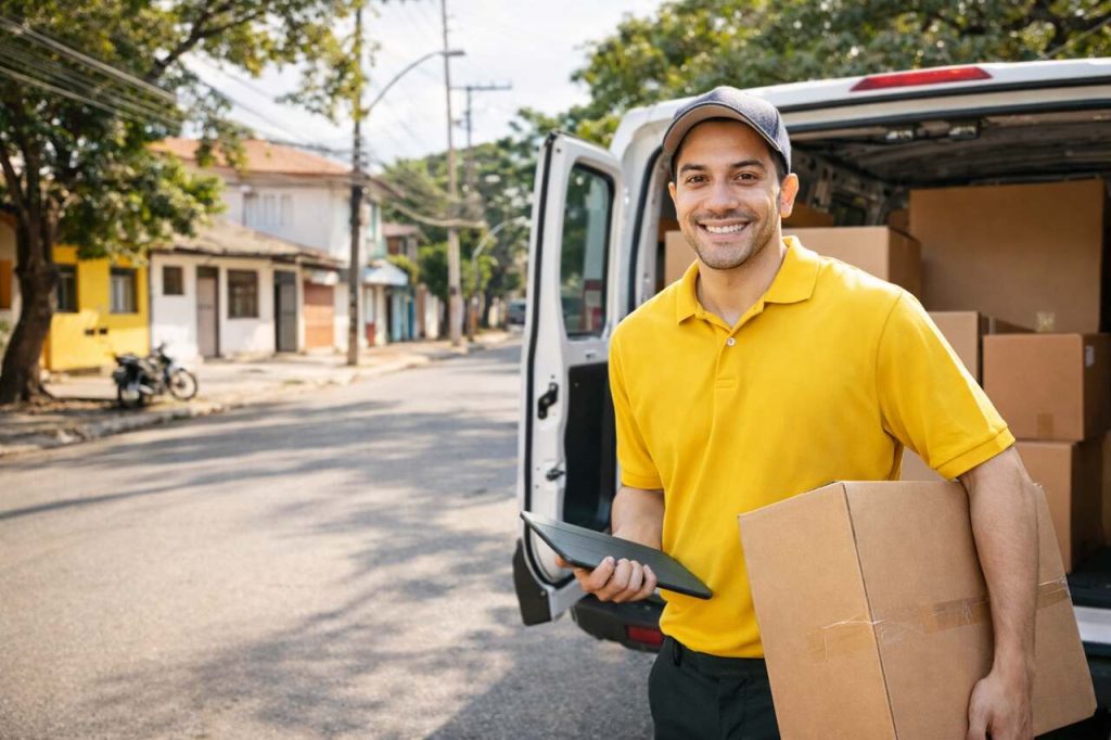Entregador segurando caixa e tablet ao lado de van em rua residencial brasileira durante entrega de pedidos