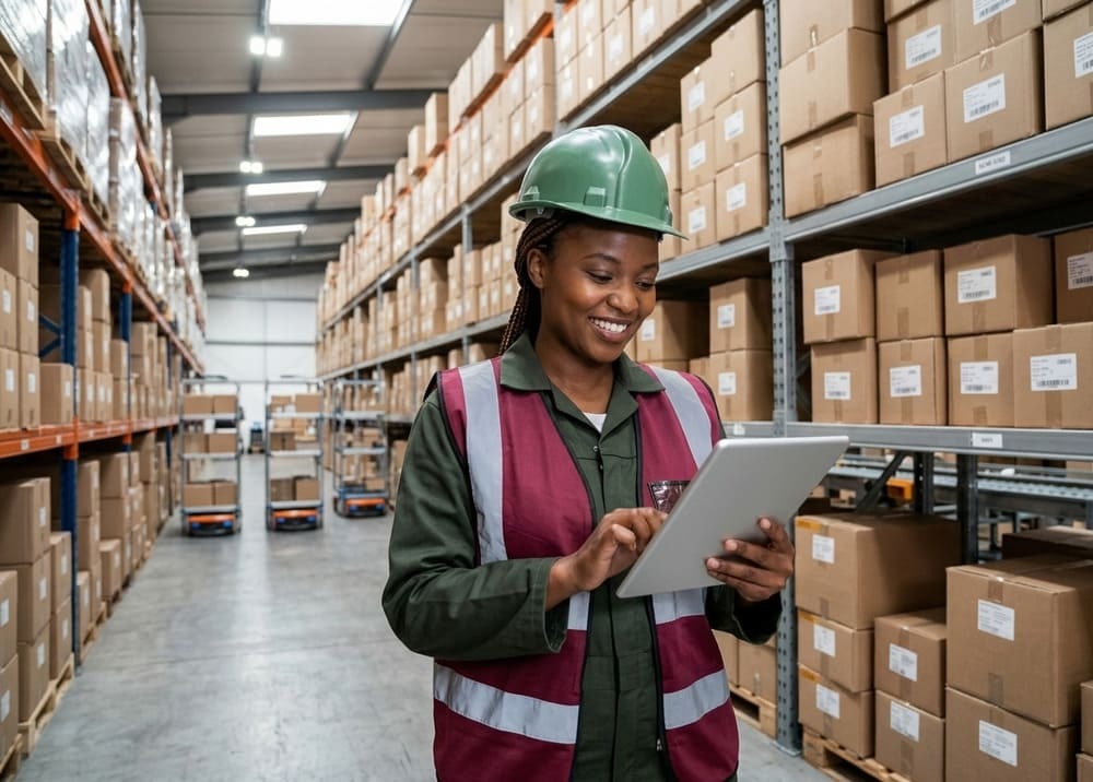 Mulher em armazém, sorrindo enquanto mexe no sistema para controle de estoque no tablet.