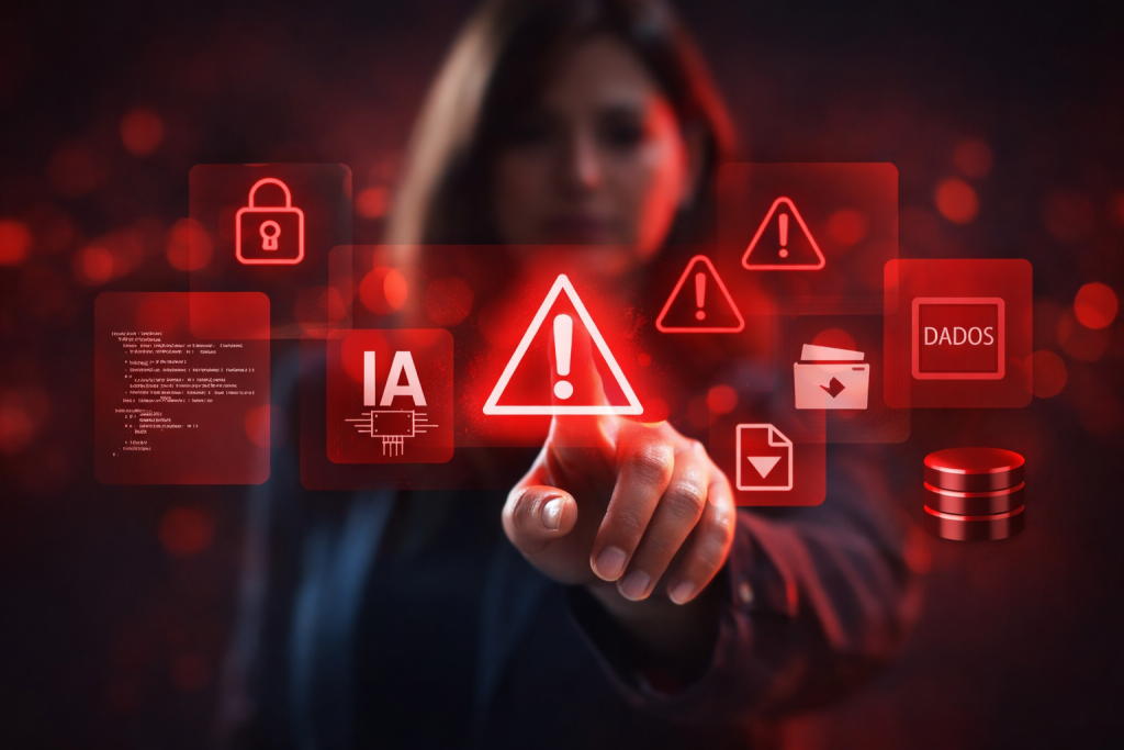 Mulher interagindo com painel virtual de alerta e dados, representando os riscos no uso de cibersegurança e inteligência artificial nas empresas.