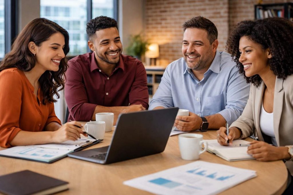 Equipe de prestadores de serviços em reunião corporativa discutindo dados e estratégias