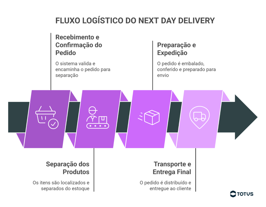 Infográfico apresentando o fluxo logístico do next day delivery com etapas de pedido, separação, expedição e entrega